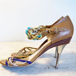 #Emilio Pucci Print And Leather Braided Metal Stiletto Wood Pump Sandal
