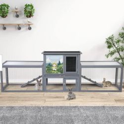 Gray 90 inch wide Wooden Rabbit Cage with Removable Tray, Waterproof Roof, and Ramp for Small Animals,Chicken Coop