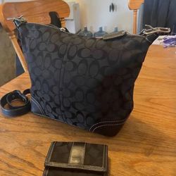 Black Coach Jacquard Material / Leather Medium Purse & Wallet Set