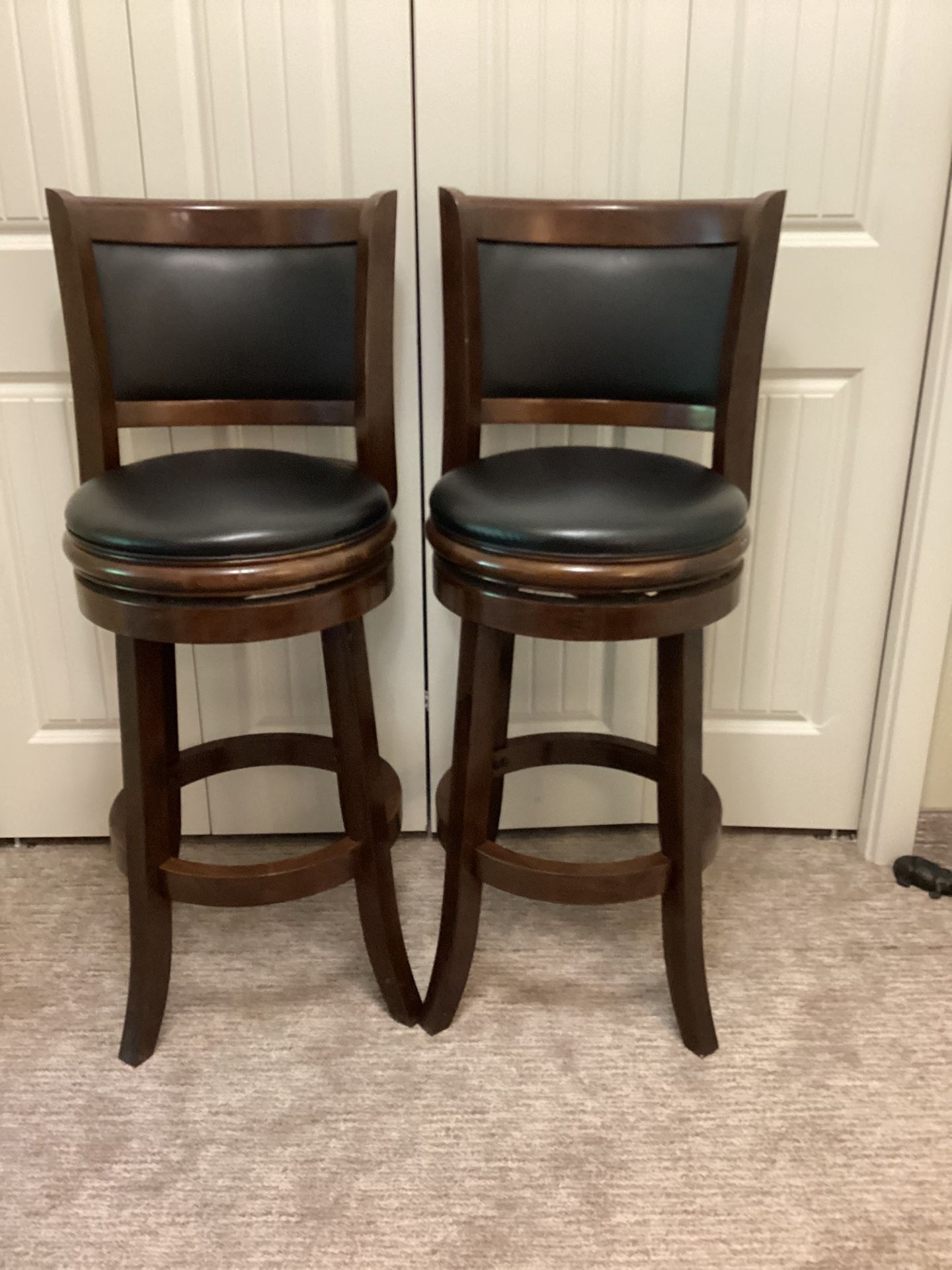 Two Walnut And Leather 30” Stools