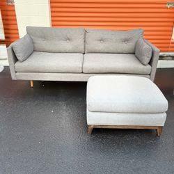 Modern Gray Fabric Sofa with Matching Ottoman – Mid-Century Style
