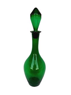 Antique Glass Empoli Italian Emerald Green Decanter Genie Bottle With Stopper