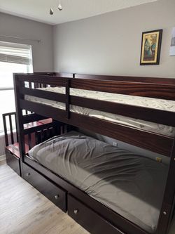 Dark Wood Twin Bunk Bed with Drawers