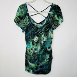 Peacock Colored Shirt With Fitted Bottom Criss Cross  Back Top No Size Tag 