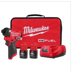 Milwaukee M12Fuel Lithium-ion Brushless Cordless 1/4 In . Hex Impact Driver Kit Tool W Two 2.0 Ah Batteries