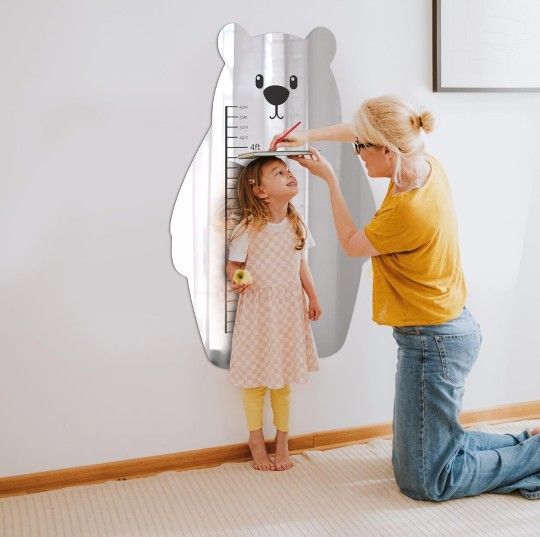 Growth Chart for Wall Bear Shaped - Kids Full Length Mirror with Height Measurement Preserved in Bright Design Perfect for Baby Nursery, Kids Room and