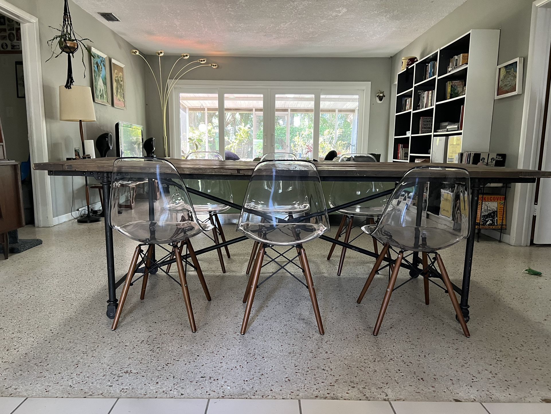 Vintage Restoration Hardware 92” Zinc & Reclaimed Elm Table & 6 Clear Dag Chairs