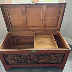 Chinese Carved Hardwood Figural Blanket Chest with Street Scene in Relief 20thC  