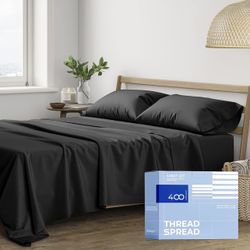 THREAD SPREAD 100% Cotton Sheets King Size - 400 Thread Count King Size Sheets Set (4 PC, Black), 16" Deep Pocket All Around Elastic, Soft, Cooling, D