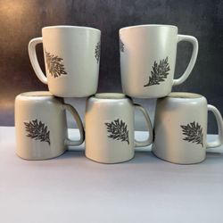 Set of (5) Beautiful Bee & Willow Home Mugs. Embossed Brown Leaves Beige Background 16 Oz Coffee Cups. Excellent condition. 