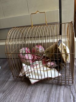 Gold birdcage with fabric heart birdhouse small pink bird and cloth with design that matches
