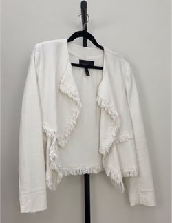 White Open-Front Jacket with Fringe Trim