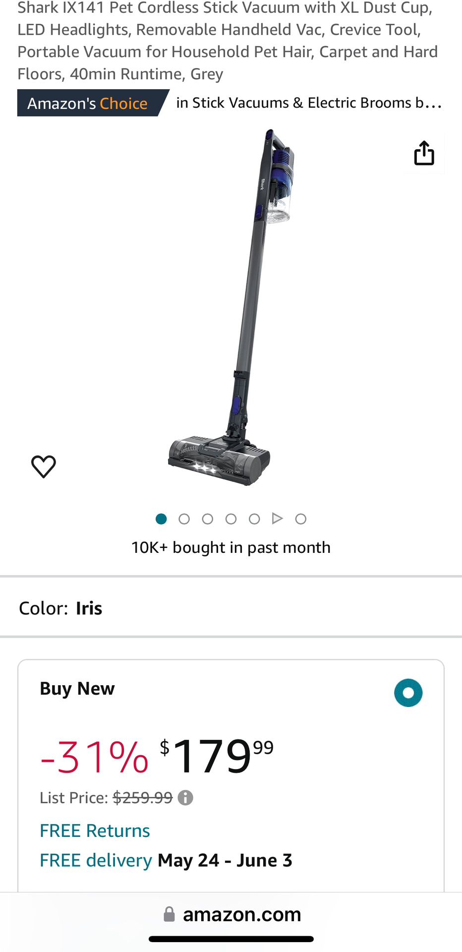 **CHARGING CORD MISSING**  Shark IX141 Pet Cordless Stick Vacuum with XL Dust Cup, LED Headlights, Removable Handheld Vac, Crevice Tool, Portable Vacu
