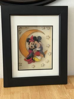 Disney 3D Resin Art Mickey & Minnie Moon Hug Handmade By Thomas Emery 14"x17"