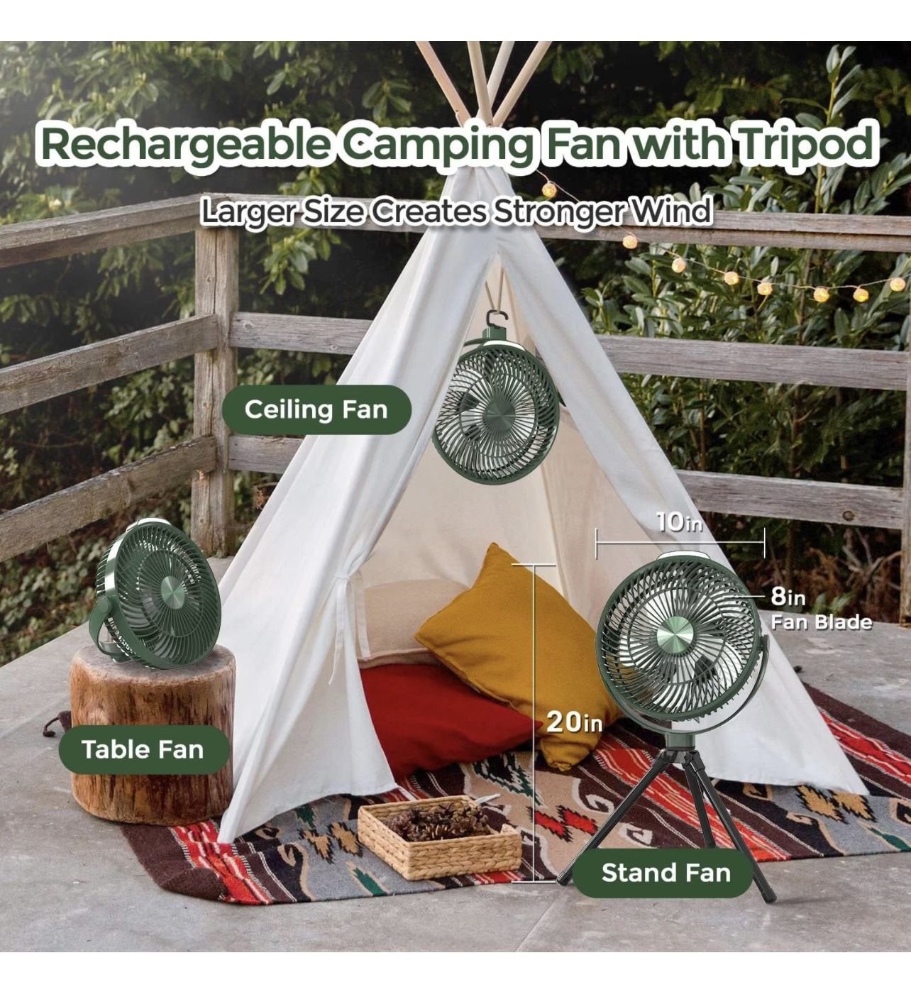 EDON Table Fan,Rechargeable Battery Operated Desk Fan with 4 Speeds Adjustment & Light,Portable Air Circulator Fan with Hook,Wall Fan