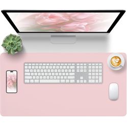 Leather Desk Pad, Desk Matt for Desktop, Large Non-Slip Keyboard and Mouse Pad, Waterproof Computer Desk Protector Mat, Pink Desk Accessories for Wome