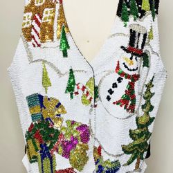 Vintage Sequin Christmas Vest XL Snowman Gifts Christmas Tree