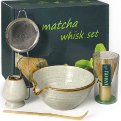 Matcha Whisk Set with Matcha Bowl, Matcha Bamboo Whisk, Scoop, Sifter, Matcha Whisk Holder