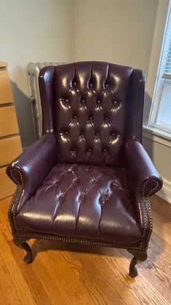 Vintage Oxblood Leather Tufted Wingback Chair — Nailhead Trim, Cabriole Legs