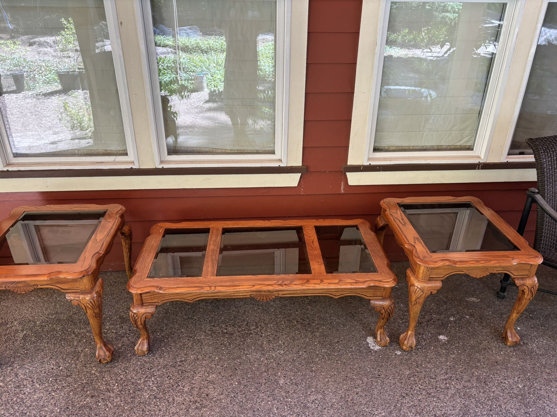 3 Piece Set Of Solid Oak With Stains Glass Coffee Table With 2 Matching End Tables
