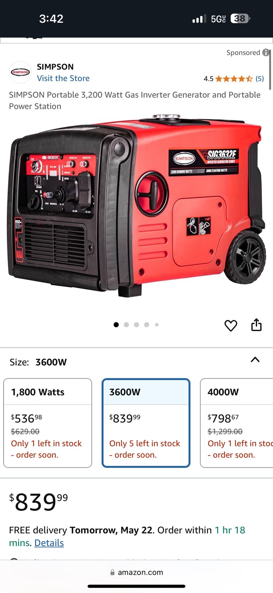 Simpson 3200 Watt Inverter generator