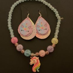 Stretch Beaded Unicorn Necklace And Unicorn Earrings 