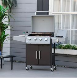Gas Grill 4+1 Burner Propane BBQ Grill Outdoor Cabinet Style with Side Burner & Wheels