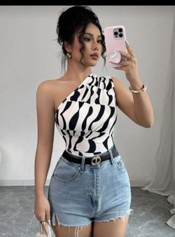 Selianne Women's Sexy Shoulder Asymmetrical Geometric Print Blouse, Summer New