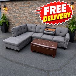 Modern Gray Sectional Couch W/Cup Holders & Lift Up Storage Ottoman (FREE DELIVERY)