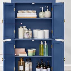 Bathroom Floor Storage Cabinet, Bathroom Storage Unit, Freestanding Cabinet with 4 Doors, Adjustable Shelves, 11.8 x 23.6 x 43.3 Inches, Harbor Blue U