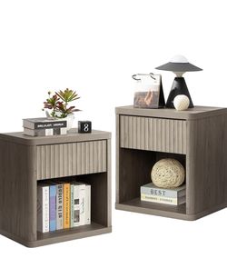 Night Stand Set of 2 Nightstands with Drawer Storage Fluted Bed Side Table End Table Large Modern Wide Bedside Stand Mid Century Night Stands for Bedr