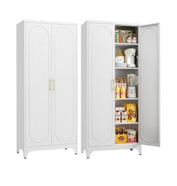 Kitchen Storage Cabinets, 75" Tall Metal Storage Cabinet with Doors and 4 Shelves, Kitchen Pantry Cabinets with Gold Handles, White Food Pantry, Large