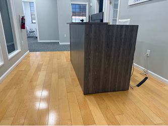 Modern Commercial Reception Desk – Gray Wood Finish – Excellent Condition