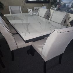 Brand New White Faux Marble Dining Table (72"×42"×30"H) + 6 Light Gray Linen Upholstered Chairs9
