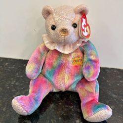 NWT TY 2001 OCTOBER BIRTHDAY BEANIE BABY BEAR THE BIRTHDAY BEAR PINK RAINBOW 