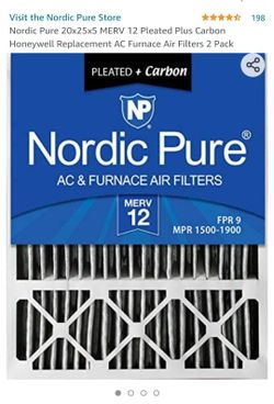 Nordic Pure 20x20x5 MERV 12 Pleated Plus Carbon Honeywell Replacement AC Furnace Air Filters 2 Pack