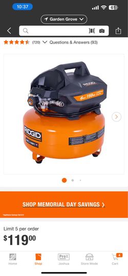 RIDGID 6 Gal. 150 PSI Portable Electric Oil-Free Pancake Air Compressor.  Used - Good