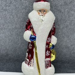Christopher Radko Santa Glass Ornament Red White Glitter Hand Painted Vintage