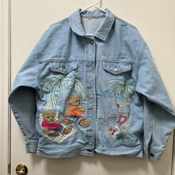Vtg 80’s Denim Jean Jacket Embroidery Grandma Nerdy Geeky Chic Bears 100% Cotton