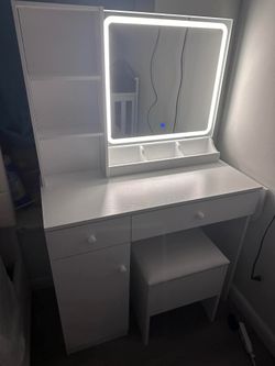 IRONCK Vanity Desk with LED Lighted Mirror & Power Outlet, White