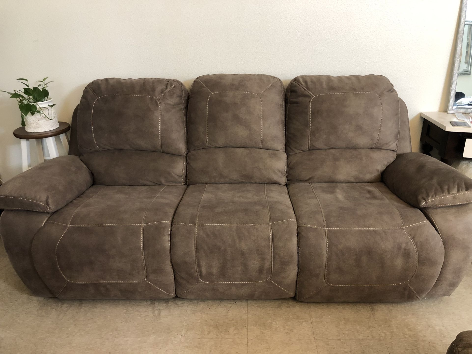 Suede Reclining Sofa Couch (92” W x 40” H x 33” D )