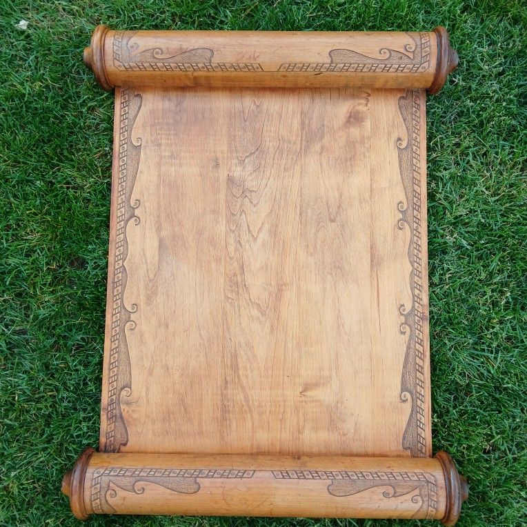 Carved Wooden Scroll Bible Religious Christian Jewish Judaica Ten Commandments Large Antique Wall Hanger