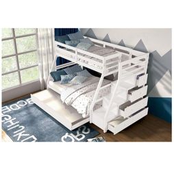 White Twin/Full Bunk Bed w Stairway Chest and Trundle