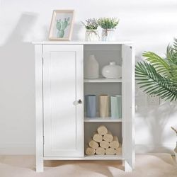 New White Bathroom Floor Storage Cabinet Free Standing Side Organizer, Double Doors Adjustable Shelf