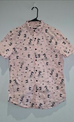 Men's Pink Tropical Skull & Shark Short Sleeve Bottom Down Shirt Size M
