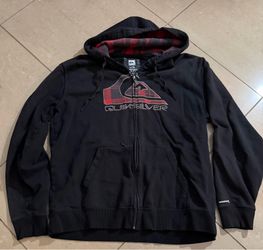 Vintage Quicksilver Hoodie Black Large Full-Zip Prominent Red Plaid Logo