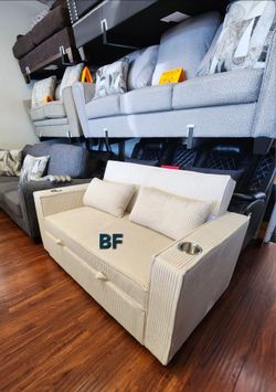 Loveseat Sofa bed Beige Corduroy fabric, USB Port, Cupholders. New Especial price