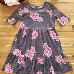 SIZE 6-6X GIRLS BROWNISH GRAY SWISS DOT FLORAL OVERLAY DRESS