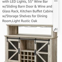 OKD Farmhouse Coffee Bar Cabinet with LED Lights, 55" Wine Bar w/Sliding Barn Door & Wine and Glass Rack, Kitchen Buffet Cabinet w/Storage Shelves for
