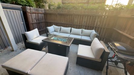 9 Piece Outdoor Wicker Sectional Set with Propane Fire Pit Table